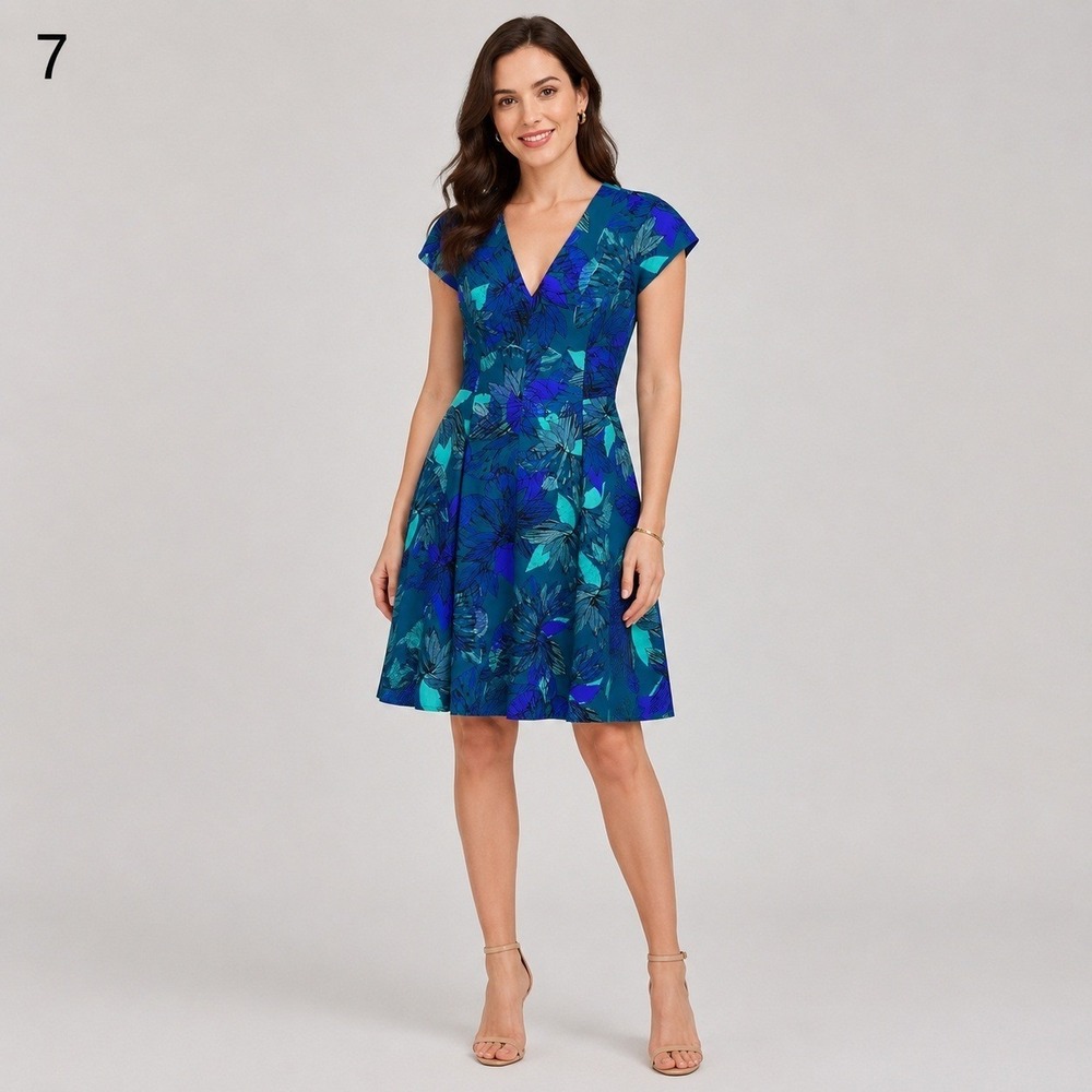 Rebecca Taylor Sheath‎ Dress womens 2 Blue Floral Silky Polyester Lined V-Neck